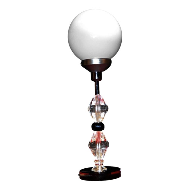 Art Deco Faceted Glass Column Table Lamp with Opaline Shade, 1940s For Sale