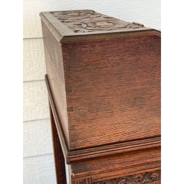 Antique English Slant Top Bible Box Desk Stand Jacobean Carved Oak Lectern C1890 For Sale - Image 16 of 18