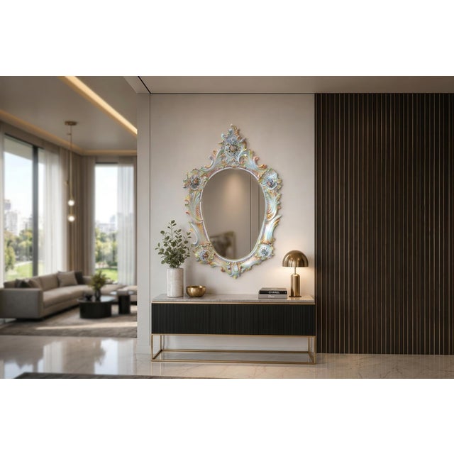 Prestigious vintage ceramic mirror, an authentic masterpiece of the mid-20th-century artisan tradition of Nove and Bassano...