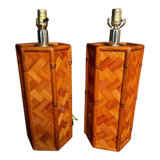 Herringbone Parquet Rattan & Bamboo MCM Lamps For Sale