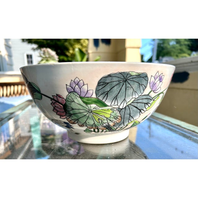 Chinoiserie Vintage Chinese Bowl W/ Hand Painted Lotus Flowers & Cranes For Sale - Image 3 of 12
