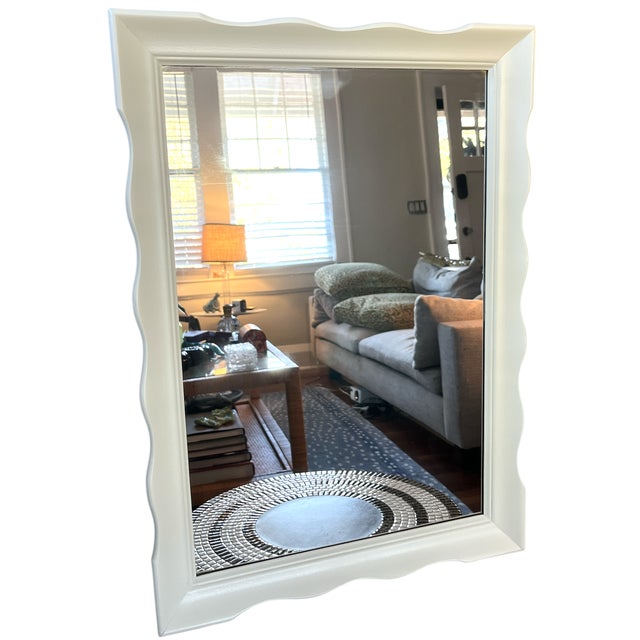 Hollywood Regency Vintage Scalloped White Solid Wood Mirror by Hamilton of Indiana 27” H X 19.5” W For Sale - Image 3 of 9