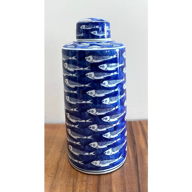 Chinoiserie Schoal Blue and With Fish Design Tall Ginger Jar For Sale - Image 3 of 7