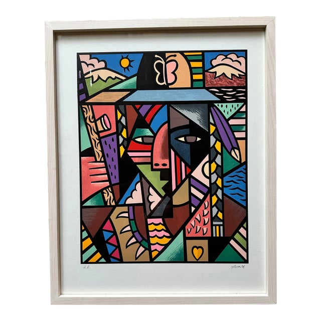 Multicolored Postmodern Cubist Print, Signed For Sale