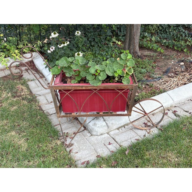 1940s Vintage Outdoor Wrought Iron Wheelbarrow With Flower Planter For Sale - Image 5 of 9