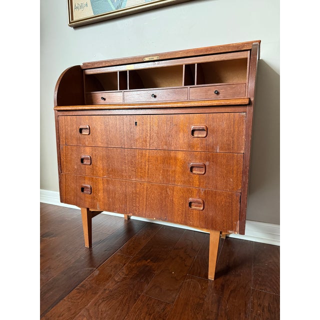 Wood Vintage 1960s Danish Teak MCM Rolltop Secretary Desk Attributed to Egon Ostergaard For Sale - Image 7 of 12