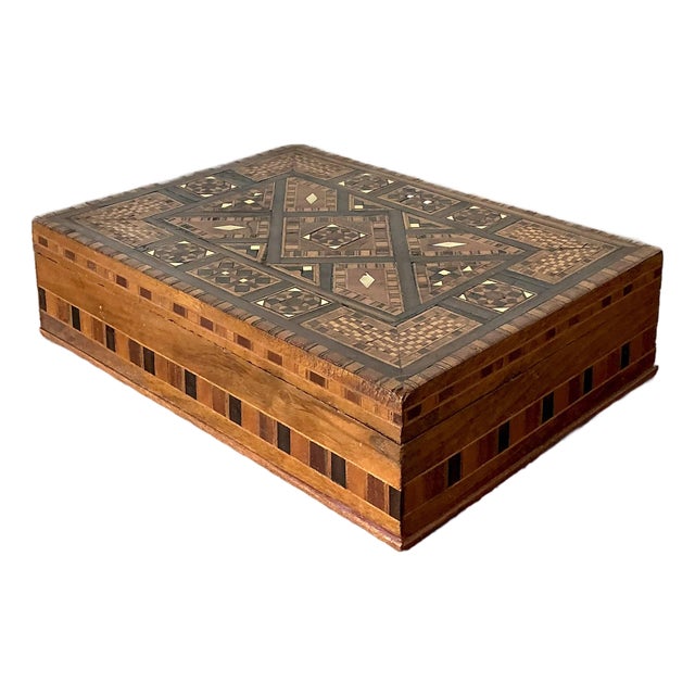 Vintage Moroccan Wood Inlay Box For Sale