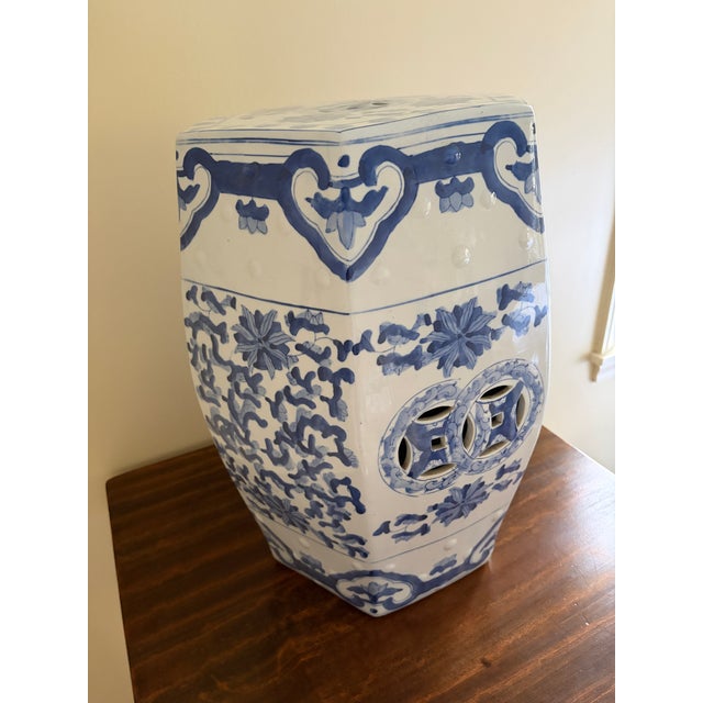 Late 20th Century Late 20th Century Blue and White Chinoiserie Porcelain Garden Stool For Sale - Image 5 of 8