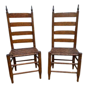 19th Century Pair of Antique Primitive Shaker Style Ladder Back Woven Seat Chairs