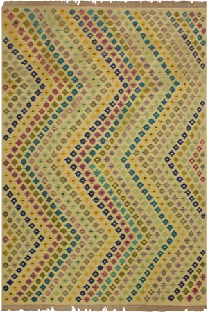 1990s Abstract Ivory/Blue Hand-Woven Kilim Wool Rug -6'7 X 9'9