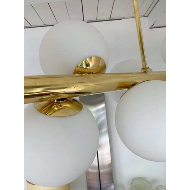 Mid-Century Modern Contemporary Long Brass Chandelier Opaline. Italy For Sale - Image 3 of 11
