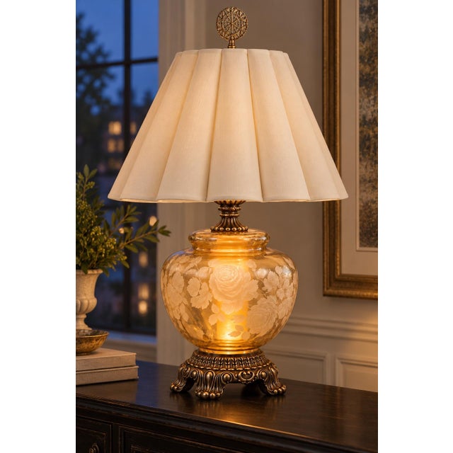 French Provincial Vintage Etched Amber Glass Rose Urn Lamp With Illuminated Base and Pleated Shade For Sale - Image 3 of 10