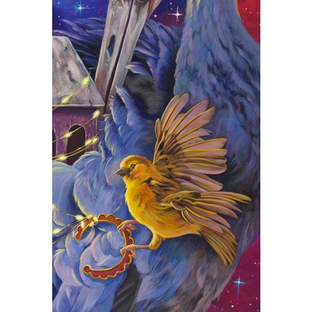Lighting The Way by Gigi Chen | Acrylic on Wood Panel Crane with a Bird and a House at Night For Sale - Image 4 of 5