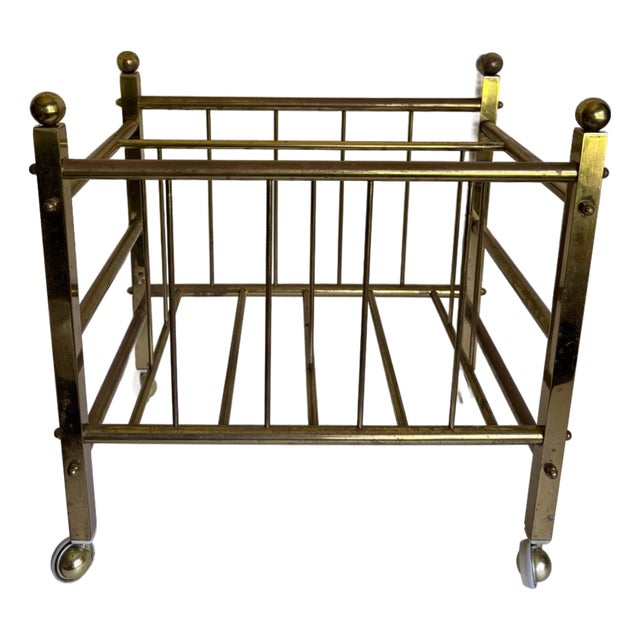 Mid-Century Cantebury Brass Magazine Rack on Wheels For Sale