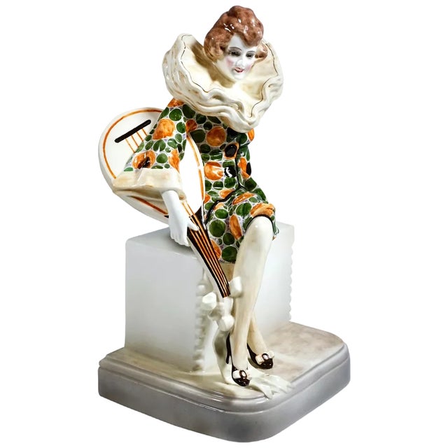 Art Deco Seated Pierrette Figurine with Lute by W. Thomasch for Goldscheider, 1920s For Sale