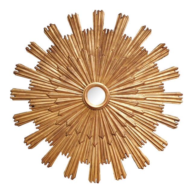 Large Vintage Italian Giltwood Sunburst Mirror With Layered Rays For Sale