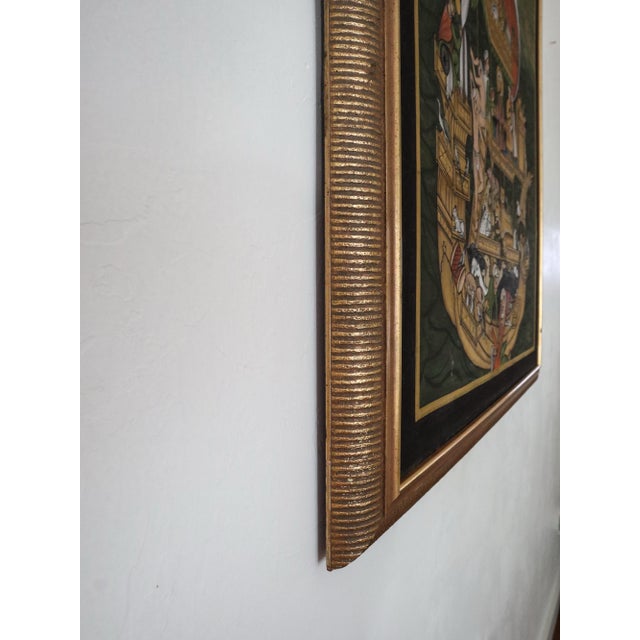 Emerald Original Hand-Painted Silk Art - Noah’s Ark Religious Illustration- Large Vintage Gold-Framed Maritime Scene For Sale - Image 8 of 12