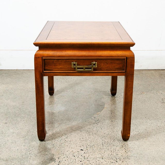 Check out this Mid century modern burl and brass nightstand by Century. The drawer offer a solid brass handle and unique...