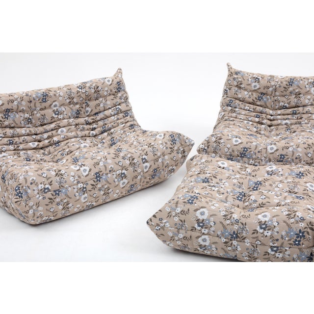 Togo Set in Continental Floral Upholstery Loveseat, Fireside Chair & Ottoman - Restored For Sale - Image 17 of 17