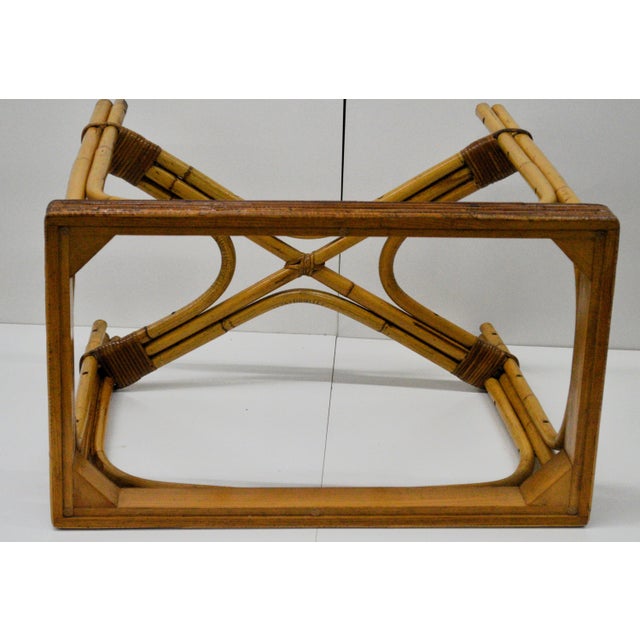 1950s 1950s Bamboo Bentwood Rattan Strand Glass Top X Base Console Accent Table For Sale - Image 5 of 11