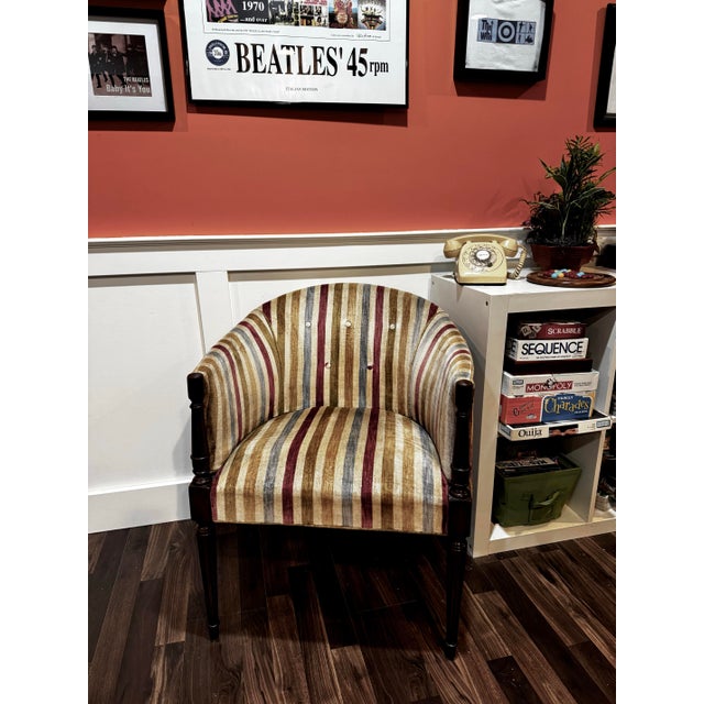 Vanilla Vintage Velvet Striped Barrel-Back Accent Chair For Sale - Image 8 of 12