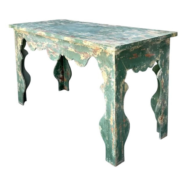 Vintage Distressed Scalloped Green Wood Table For Sale