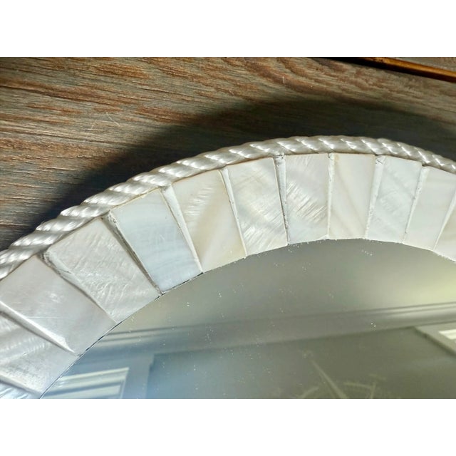 Bernhardt White Oyster Shell Inlay Round Mirror, as in Bone Mirror; For Wall or TableTop, Handmade For Sale - Image 4 of 12