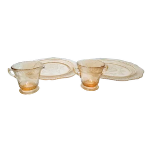 1930s Amber Depression Glass Patricia Spoke Two Plates, Sugar and Creamer Set- 4 Pieces