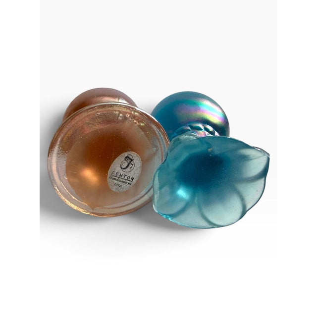Fenton Art Glass Company Vintage Fenton Iridescent Art Glass Eggs, Pair | Pink & Aqua Blue For Sale - Image 4 of 4