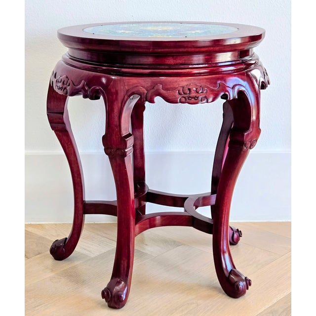 Mid 20th Century Chinese Cloisonné Inset Round Rosewood Accent Table With Carved Base For Sale - Image 4 of 12