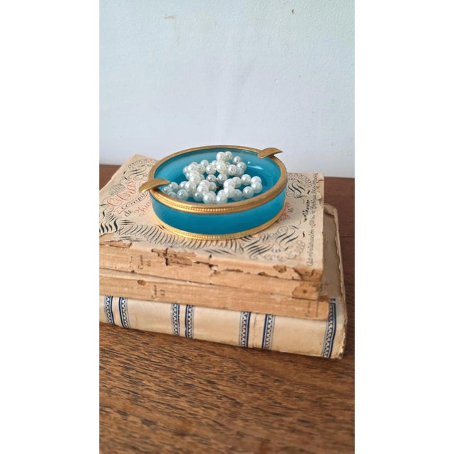 Vintage Murano Opaline Glass Ashtray Turquoise Blue Brass Rim Italian Mid Century Decorative Catchall Trinket Dish For Sale - Image 13 of 13