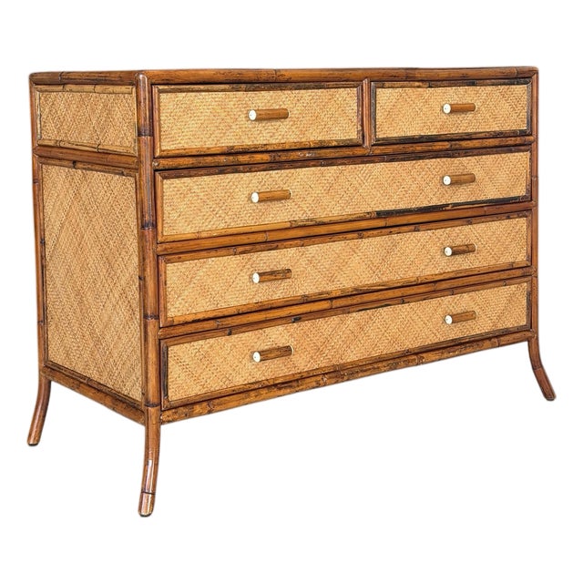 Vintage E. Murio Manila Refinished Rattan & Raffia Five Drawer Chest For Sale