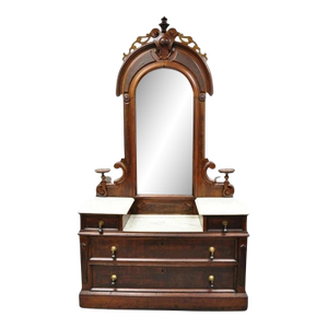 Antique Eastlake Victorian Walnut 3 Marble Tier Dresser Chest With Tall Mirror