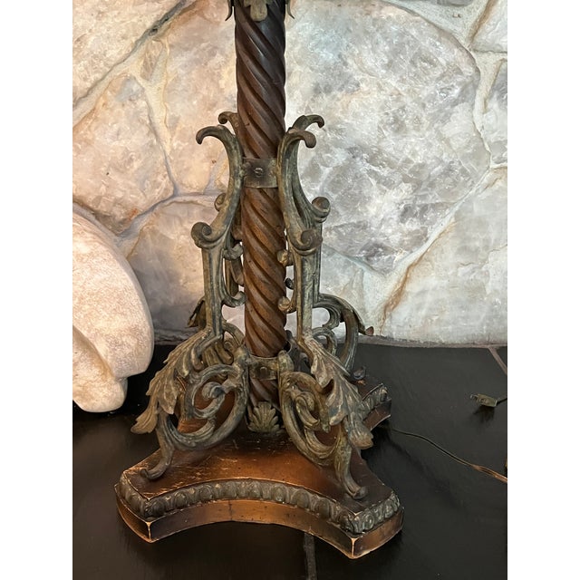 Mid 20th Century Mid 20th Century Monumental Spanish Colonial Wood & Wrought Iron Table Lamps With Wood Lampshades - a Pair For Sale - Image 5 of 11
