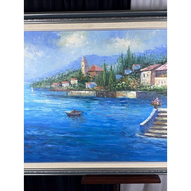 Wood Large Mid-Century Style Mediterranean Coastal Village Framed Oil Painting - Signed "Linda" For Sale - Image 7 of 9