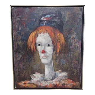 Mid Century Modern Clown Painting Signed For Sale