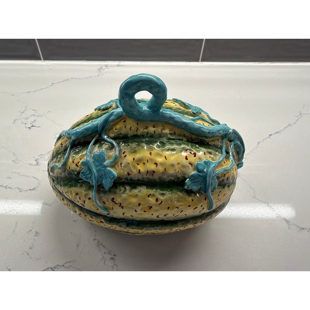 1960s Vintage Italian Majolica Melon Tureen With Lid Hand Painted Ceramic Serving Bowl with Turquoise Vine & Leaf Detail For Sale - Image 5 of 8