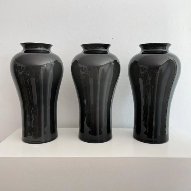 Vintage Smokey Gray Signed Cenedese Murano Cased Glass Large Vases For Sale - Image 9 of 9
