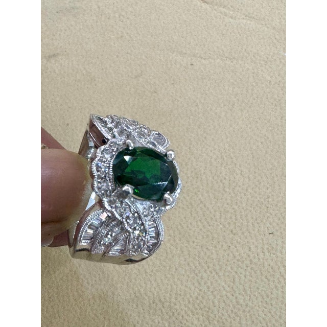 Early 21st Century Vintage 3 Carat Oval Tsavorite & 2.2 Carat Diamond Ring , Platinum 16.4Gm Estate For Sale - Image 5 of 18