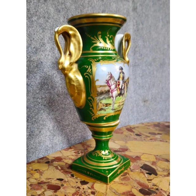 Napoleon I Decorative Vase in Green and Gold Porcelain For Sale - Image 3 of 8