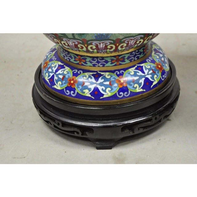 Blue Vintage Chinese Cloisonné Porcelain Enamel Figural Crane and Deer Vase - A Pair For Sale - Image 8 of 11