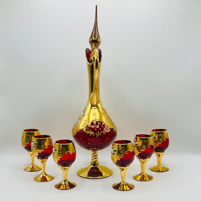 Glass Ruby Red Murano Glass Tre Fuochi Decanter and Liqueur Service, 1950s, Set of 7 For Sale - Image 7 of 14