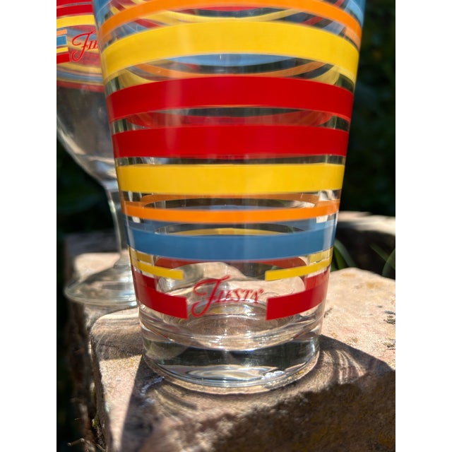 Glass Vintage Fiesta Drinking Glasses and Two Water or Iced Tea Glasses - Red, Yellow and Blue Stripes With Fiesta Mark on Front Panel - Set of 6 For Sale - Image 7 of 11