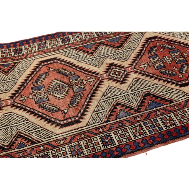 Ivory Vintage Hand-Knotted Turkish Geometric Wool Runner Rug – Terracotta, Ivory & Navy Tribal Design For Sale - Image 8 of 8