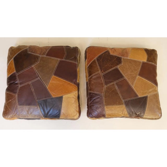 1960s Vintage Leather Modern Large Calfskin Patchwork Leather Pillows- Set of 2 For Sale - Image 4 of 7