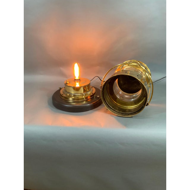 Wood Solid Brass Ship's Anchor Lantern with Fresnel Lens by Nippon Sento Co. LTD For Sale - Image 7 of 8