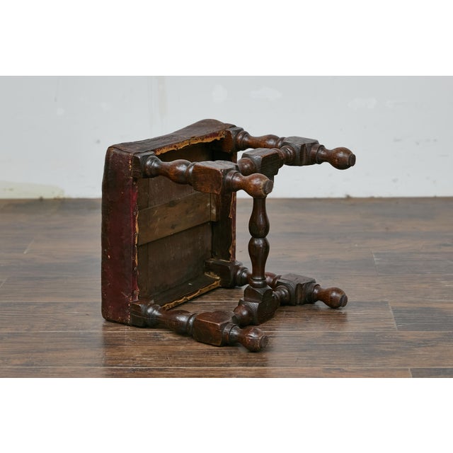 19th Century English Oak Footstool with Leather Seat and Turned Legs For Sale In Atlanta - Image 6 of 9