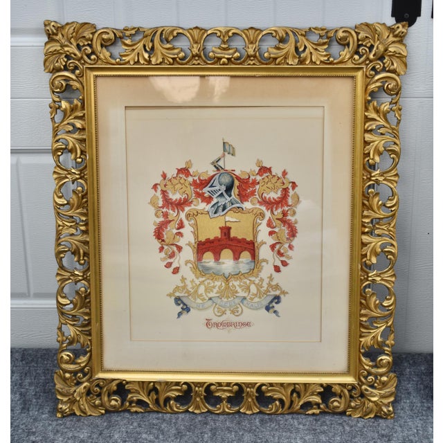 Vintage Pair Framed Prints Coat of Arm Ornate Gold Gilt For Sale In Philadelphia - Image 6 of 18