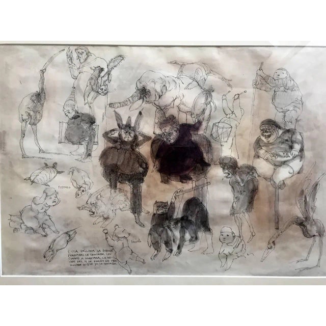Ink and watercolor on Paper by José Luis Cuevas (Mexican, b.1934). Featuring characters from a story line inscribed lower...
