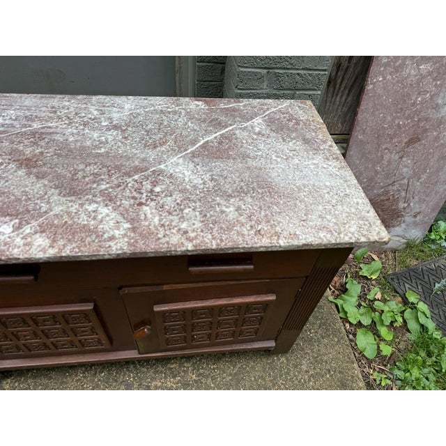Farmhouse Antique French Art Deco Style Marble Top Oak Wood Cabinet Sideboard With Geometric Front For Sale - Image 3 of 18